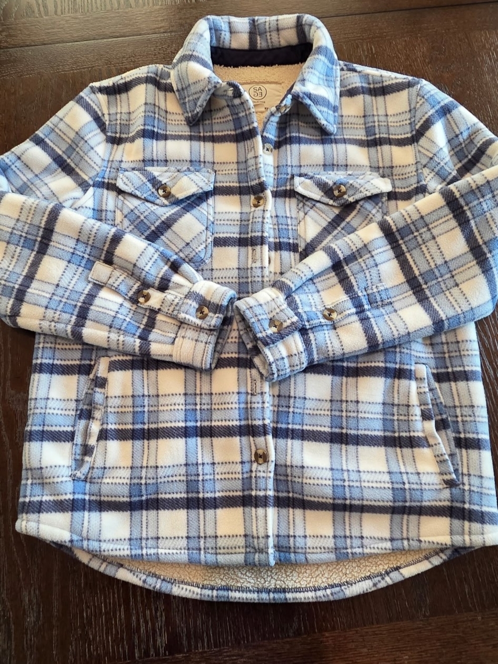 Sage Blue and White Plaid Fleece Button-Down Jacket